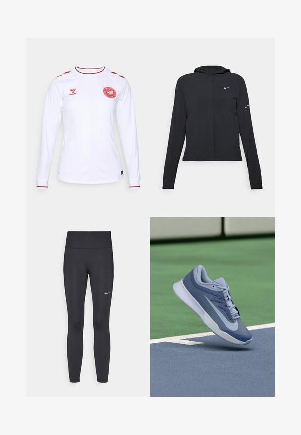 Casaco preto com capuz e mangas longas, feito de material leve. Apresenta um fecho dourado na frente, um logótipo da Nike e detalhes de design subtis.; Camisola de manga longa branca feita de um tecido suave, com detalhes em vermelho nos ombros e na gola, e um logotipo circular vermelho no peito.; Leggings pretos feitos de tecido elástico, com uma cintura alta e um logo branco da Nike na coxa esquerda. Textura suave, design ajustado ao corpo.; Sapatilhas desportivas em azul claro e azul marinho, com um topo texturizado, atacadores planos e uma sola leve branca. Elevadas acima de uma superfície de campo.