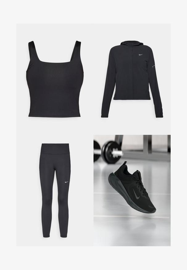 Svart huva jacka med långa ärmar, gjord av lätt material. Har en framdragare, en Nike-logotyp och subtila designelement.; Svart crop top med fyrkantig halsringning och breda axelband. Tillverkad av släthet, elastisk tyg med en skräddarsydd silhuett. Utan utsmyckningar.; Svarta leggings i elastiskt material, med hög midja och en vit Nike-logga på vänster lår. Slät textur, figurnära design.; Svarta sportskor med Nike-logotyp, visade mitt i luften på gymgolvet, med en suddig hantelställning i bakgrunden.