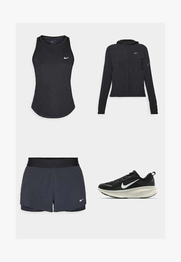 Sort hættetrøje med lange ærmer, lavet af letvægtsmateriale. Har en frontlynlås, et Nike-logo og subtile designaccenter.; Sort atletisk tanktop fremstillet af svedtransporterende materiale. Har en rund halsudskæring, tætsiddende pasform og hvidt Nike-logo på brystet.; Sort træningsshorts med elastisk talje, der har et lagdelt design og et lille hvidt Nike-logo nederst til venstre. Letvægtsmateriale.; Sort Nike løbesko med åndbart mesh-overdel, hvidt swoosh-logo, tekstureret detaljering og en cremede ZoomX mellemsål.