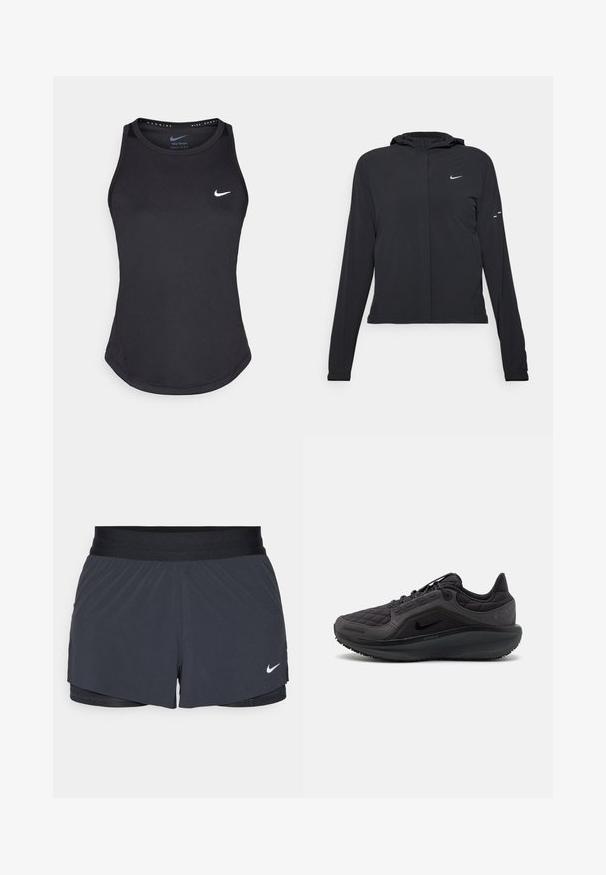 Sort hættetrøje med lange ærmer, lavet af letvægtsmateriale. Har en frontlynlås, et Nike-logo og subtile designaccenter.; Sort atletisk tanktop fremstillet af svedtransporterende materiale. Har en rund halsudskæring, tætsiddende pasform og hvidt Nike-logo på brystet.; Sort træningsshorts med elastisk talje, der har et lagdelt design og et lille hvidt Nike-logo nederst til venstre. Letvægtsmateriale.; Sort sportssko med quiltet overdækning, teksturerede detaljer og en polstret sål. Har et fremtrædende Nike-logo og en holdbar ydersål.