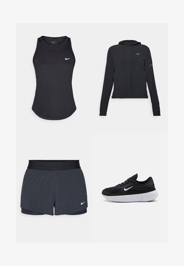 Mustassa hupparissa on pitkät hihat, ja se on valmistettu kevyestä materiaalista. Siinä on edessä vetoketju, Nike-logo ja hillityt muotoiluyksityiskohdat.; Mustapohjainen urheilutoppi, joka on valmistettu kosteutta siirtävästä materiaalista. Siinä on pyöreä kaula-aukko, slim fit -muotoilu ja valkoinen Nike-logo rinnassa.; Mustat urheilushortsit, joissa on joustava vyötärö. Shortseissa on kerroksellinen muotoilu ja pieni valkoinen Nike-logo vasemmassa alareunassa. Kevyt materiaali.; Mustat urheilukengät, joissa on verkkomateriaali yläosassa, teksturoitu muotoilu, pyöreä kärki, valkoinen kumipohja ja Nike-logo sivussa.
