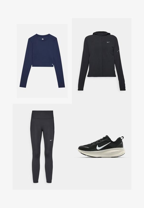 Mustassa hupparissa on pitkät hihat, ja se on valmistettu kevyestä materiaalista. Siinä on edessä vetoketju, Nike-logo ja hillityt muotoiluyksityiskohdat.; Laivasto sininen pitkähihaisen crop-topin paita, joka on valmistettu sileästä kankaasta. Paidassa on pyöreä kaula-aukko ja pieni logo oikeassa alareunassa.; Mustat leggingsit joustavasta kankaasta, joissa on korkea vyötärö ja valkoinen Nike-logo vasemmassa reidessä. Sileä pinta, muotoaan myötäilevä suunnittelu.; Mustat Nike-juoksukengät, joissa on hengittävä verkko-osa, valkoinen swoosh-logo, teksturoitu yksityiskohtaus ja kermaisen värinen ZoomX-välipohja.