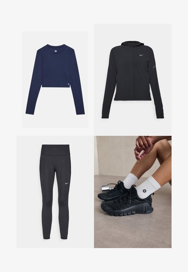 Svart huva jacka med långa ärmar, gjord av lätt material. Har en framdragare, en Nike-logotyp och subtila designelement.; Mörkblå långärmad croppad topp i mjukt material, med rund halsringning och en liten logotyp på nedre högra sidan.; Svarta leggings i elastiskt material, med hög midja och en vit Nike-logga på vänster lår. Slät textur, figurnära design.; Svarta sportskor med texturerat tyg, snörning och en framträdande sula, tillsammans med vita ribbade strumpor med en liten logotyp.