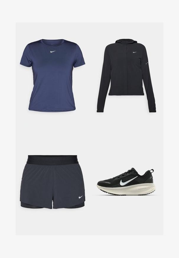 Svart hettegenser med lange ermer, laget av lett materiale. Har glidelås foran, Nike-logo og subtile design detaljer.; Mørkeblå kortermet trenings T-skjorte laget av glatt, lett stoff, med en liten hvit Nike-logo på brystet.; Sorte treningshorts med elastisk midjebånd, med lagdelt design og liten hvit Nike-logo på nederste venstre side. Lett materiale.; Svart Nike løpesko med pustende mesh-overdel, hvit swoosh-logo, teksturert detaljer og en kremfarget ZoomX mellomsåle.