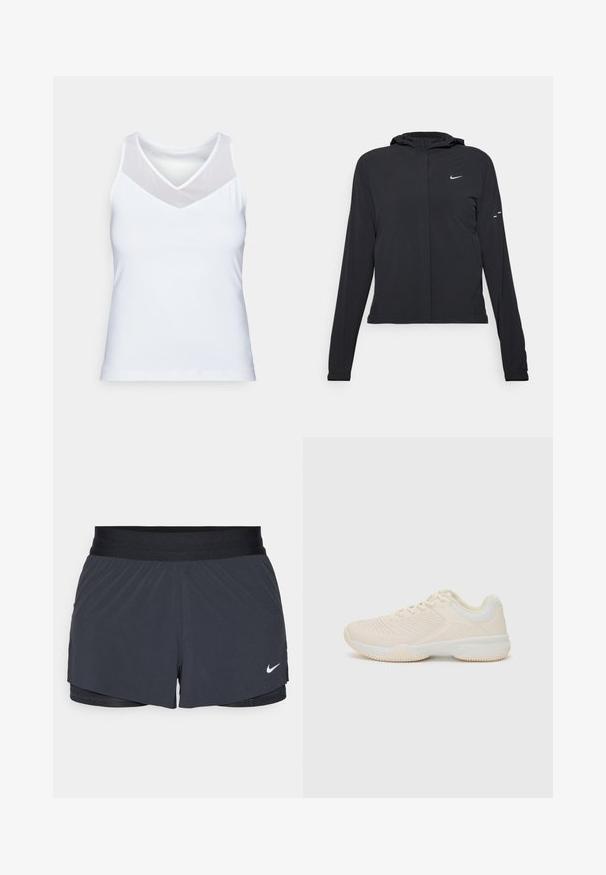 Črna kapuča s dolgimi rokavi, izdelana iz lahkega materiala. Ima sprednji zadrgo, logotip Nike in subtilne oblikovne detajle.; Bela majica na naramnice iz gladkega materiala, z V-izrezom in prozornim mrežastim detajlom na ramilih. Preprost in oprijet kroj.; Črne atletske kratke hlače z elastičnim pasom, ki imajo plastičen dizajn in majhen bel Nike logotip na spodnji levi strani. Lahkoten material.; Svetlo bež športni čevelj z teksturiranim zgornjim delom, kontrastnimi belimi detajli, okroglo nosom in fleksibilnim gumijastim podplatom.