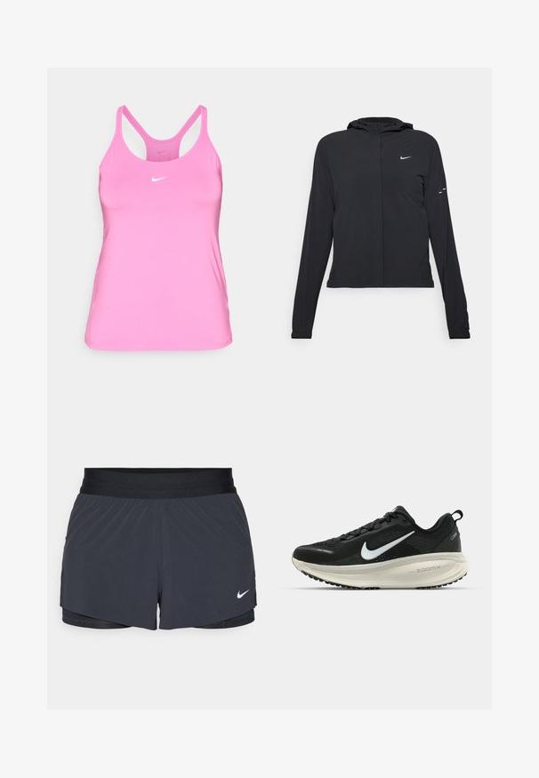Crna jakna s kapuljačom i dugim rukavima, izrađena od laganog materijala. Ima prednji patentni zatvarač, Nike logo i suptilne dizajnerske detalje.; Ružičasta Nike majica bez rukava s tankim naramenicama i malim bijelim swoosh logom sprijeda. Pozadina je jednostavna bijela.; Crne atletske kratke hlače s elastičnom stražnjicom, imaju slojeviti dizajn i mali bijeli Nike logo na donjoj lijevoj strani. Lagani materijal.; Crne Nike trkačke tenisice s prozračnom mrežastom gornjom konstrukcijom, bijelim swoosh logotipom, teksturiranim detaljima i kremastom ZoomX srednjom potplatnom jedinicom.