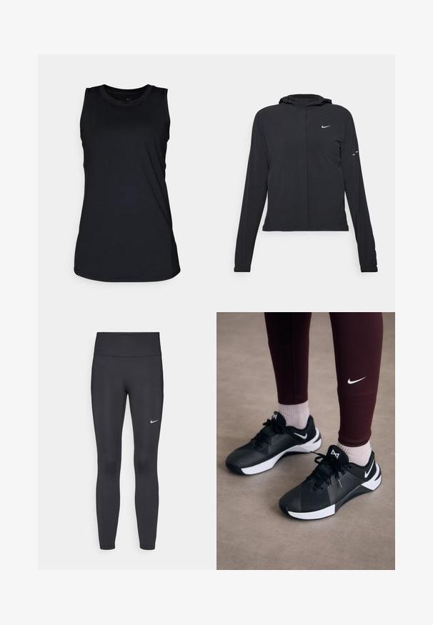 Must musta kapuutsiga jakk, millel on pikad varrukad ja mis on valmistatud kergetest materjalidest. Omab esitaskut, Nike logo ja kergelt silmatorkavaid disainiaktsente.; Must rihmatu lintidega sporditopp, mis on valmistatud siledast polüestrist. Ümar kaelus, vabalt langev istuvus, ilma nähtavate mustrite või aktsentideta.; Mustad mustadest leggingid, mis on valmistatud venivast kangast, kõrge vöökoha ja valge Nike logo abil vasakul reiel. Sile tekstuur, keha järgiv disain.; Mustad mustat spordijalatsid tekstuurse pealse ja valgete aktsentidega, koos paelte ja külglogoga. Kanda tumepruunide leggingsidega ja heledate sokkidega.