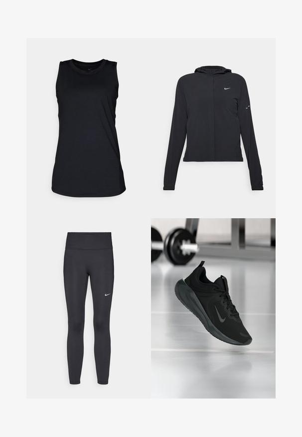 Jachetă neagră cu glugă, cu mâneci lungi, fabricată din material ușor. Dispune de un fermoar frontal, un logo Nike și accente de design subtile.; Top sportiv fără mâneci, de culoare neagră, realizat dintr-un material poliester neted. Gât rotund, croială lejeră, fără modele sau accente vizibile.; Leggings negre dintr-un material elastic, având talie înaltă și un logo alb Nike pe coapsa stângă. Textură netedă, design care se conturează pe corp.; Tenisii sport negru cu logo-ul Nike, arătați în aer deasupra podelei de sală de sport, cu un suport pentru haltere neclar în fundal.
