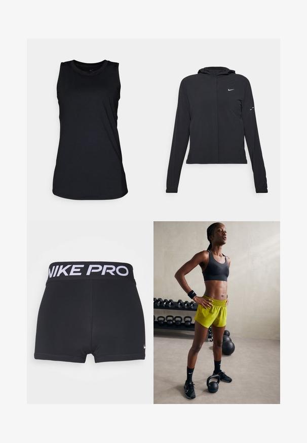 Casaco preto com capuz e mangas longas, feito de material leve. Apresenta um fecho dourado na frente, um logótipo da Nike e detalhes de design subtis.; Top atlético preto sem mangas feito de um tecido de poliéster suave. Decote redondo, ajuste descontraído, sem padrões ou acentos visíveis.; Calças curtas atléticas pretas com um cinto largo preto apresentando "NIKE PRO" em branco. O tecido é liso e elástico, e as terminações da bainha são visíveis.; Sutiã desportivo preto, calções amarelos brilhantes com cintura elástica, sapatos de atletismo pretos e pulseiras, de pé ao lado de kettlebells.