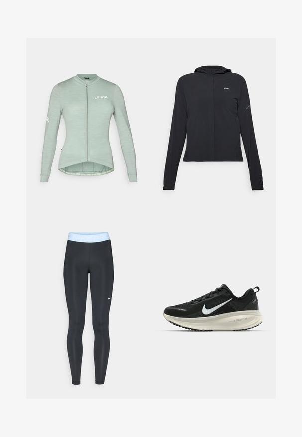 Crna jakna s kapuljačom i dugim rukavima, izrađena od laganog materijala. Ima prednji patentni zatvarač, Nike logo i suptilne dizajnerske detalje.; Svijetlozelena biciklistička majica s dugim rukavima, punom dužinom zatvarača i zakrivljenim rubom. Sadrži logo "LE COL" sprijeda i straga.; Crne sportske tajice s svijetloplavim pojasom na kojem je tekst "NIKE PRO"; glatka tekstura i uski kroj. Bijeli Nike logo s lijeve strane.; Crne Nike trkačke tenisice s prozračnom mrežastom gornjom konstrukcijom, bijelim swoosh logotipom, teksturiranim detaljima i kremastom ZoomX srednjom potplatnom jedinicom.