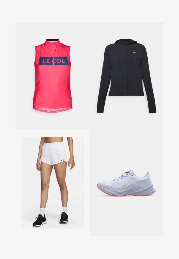 Casaco preto com capuz e mangas longas, feito de material leve. Apresenta um fecho dourado na frente, um logótipo da Nike e detalhes de design subtis.; Colete leve em rosa brilhante com uma faixa azul-marinho escura apresentando o logo "LE COL". Inclui um fecho na frente e detalhes em rede na bainha.; Calções atléticos brancos com cós canelado, fendas laterais e um logótipo preto da Nike. Usados com ténis pretos e meias brancas até ao meio da canela.; Sapatilha atlética azul clara com um cabedal em malha texturizada, detalhes em branco no logótipo, sola almofadada e sola rosa. Apresenta um design elegante e ergonómico.