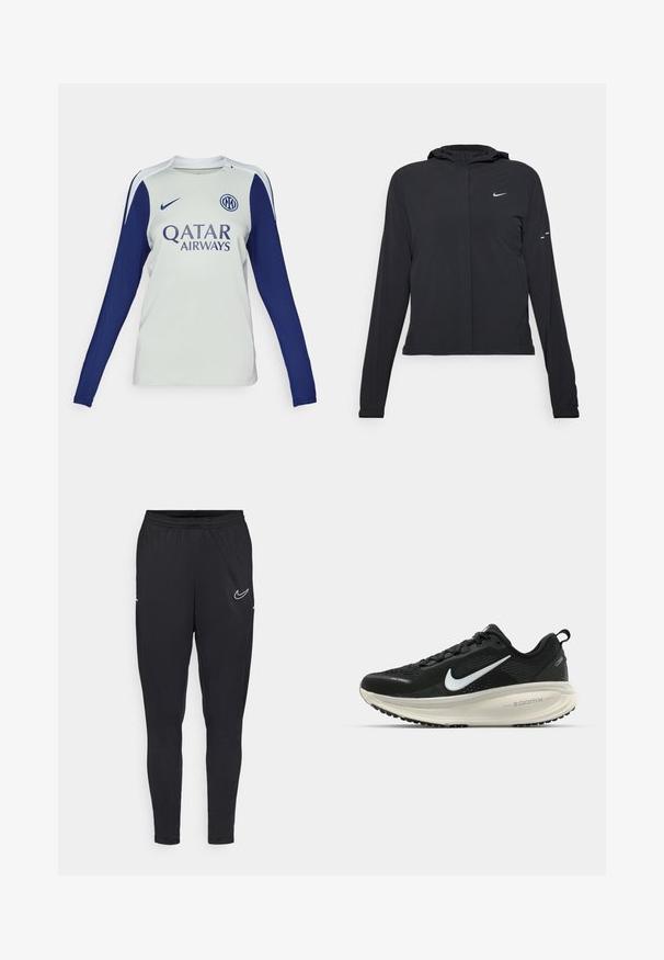 Veste à capuche noire avec des manches longues, fabriquée en matériau léger. Elle comporte une fermeture éclair à l'avant, un logo Nike et des accents de design subtils.; Maillot de football à manches longues en gris clair avec des manches bleu marine. Il possède un col rond, un logo Nike et un marquage Qatar Airways sur le devant.; Pantalons de sport noirs en tissu léger, avec une taille élastique, une coupe ajustée et un logo Nike blanc sur la cuisse.; Baskets de course noir Nike avec tige respirante en mesh, logo swoosh blanc, détails texturés et semelle intermédiaire ZoomX de couleur crème.