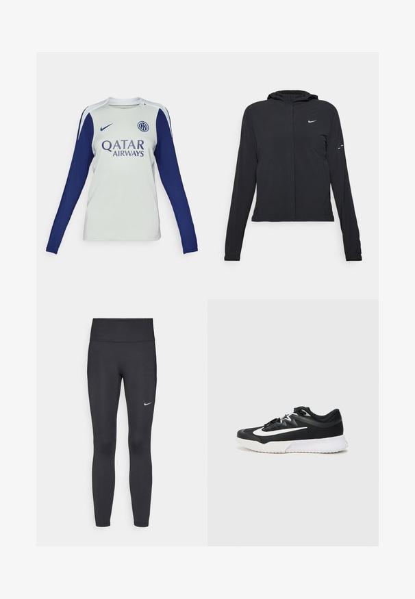 Black hooded jacket with long sleeves, made from lightweight material. Features a front zipper, a Nike logo, and subtle design accents.; Long-sleeve football jersey in light gray with navy blue sleeves. Features a round neckline, Nike logo, and Qatar Airways branding on the front.; Black leggings made of stretchy fabric, featuring a high waistband and a white Nike logo on the left thigh. Smooth texture, form-fitting design.; Black athletic shoe with white accents, featuring a textured upper, round toe, flat laces, and a thick white rubber sole.