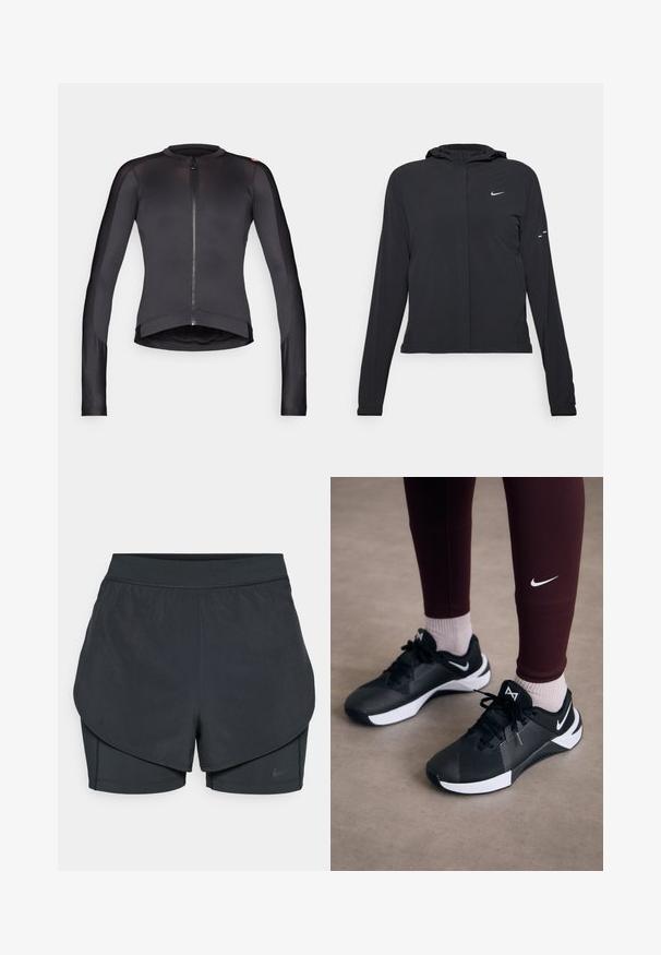 Juodas gobtuvas striukė su ilgomis rankovėmis, pagaminta iš lengvo audinio. Pasižymi priekiniais užtrauktukais, Nike logotipu ir subtiliais dizaino akcentais.; Ilga rankovė juoda dviračių striukė su priekiniais užtrauktukais, pagaminta iš lygaus, lengvo audinio; pasižymi apvalia apykakle ir prigludusia forma.; Juodi sportiniai šortai su sluoksniuota konstrukcija, turintys sklandų išorinį sluoksnį ir prigludusius vidinius šortus. Pagaminti iš lengvos, tamprios medžiagos.; Juodos sportinės bateliai su tekstūruota viršutine dalimi ir baltais akcentais, su raišteliais ir šoniniu logotipu. Dėvimi su bordo spalvos leggingais ir šviesiomis kojinėmis.