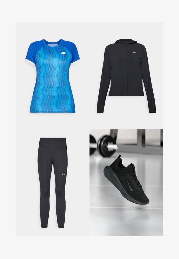 Fekete kapucnis dzseki hosszú ujjakkal, könnyű anyagból készült. Elülső cipzárral, Nike logóval és diszkrét dizájn elemekkel rendelkezik.; Kék sportpóló rövid ujjakkal, amely texturált, absztrakt mintázattal rendelkezik, változó kék árnyalatokkal és fehér díszítéssel az ujjakon.; Fekete leggings elasztikus anyagból, magas derékkal és fehér Nike logóval a bal combon. Simább textúra, testhez álló kialakítás.; Fekete sportcipő Nike logóval, amely a levegőben látható az edzőterem padlóján, a háttérben elmosódott kézi súlyzó állvánnyal.