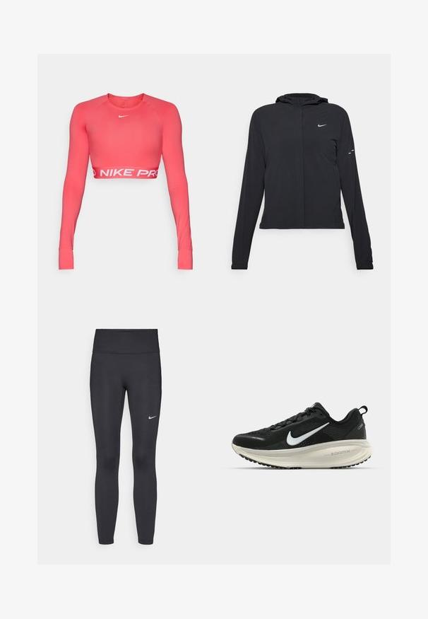 Juodas gobtuvas striukė su ilgomis rankovėmis, pagaminta iš lengvo audinio. Pasižymi priekiniais užtrauktukais, Nike logotipu ir subtiliais dizaino akcentais.; Nike Pro ilgos rankovių trumpas viršus ryškiai koralų spalvos, pagamintas iš elastingos medžiagos. Yra apvalus kaklo iškirpimas ir baltas „NIKE PRO“ logotipas ties juosmeniu.; Juodi leggingai iš elastingos medžiagos, turintys aukštą juosmenį ir baltą Nike logotipą kairėje šlaunyje. Lygus paviršius, prigludusi dizainas.; Juodas Nike sportinis batelis su kvėpuojančiu tinklu, baltu swoosh logotipu, tekstūruoto dizaino detalėmis ir grietinėlės spalvos ZoomX viduriu.