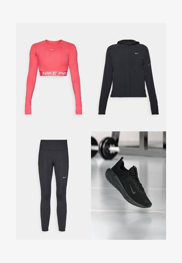 Casaco preto com capuz e mangas longas, feito de material leve. Apresenta um fecho dourado na frente, um logótipo da Nike e detalhes de design subtis.; Top cropped de manga longa Nike Pro em coral brilhante, feito de tecido elástico. Apresenta um decote redondo e a marca "NIKE PRO" em branco na barra.; Leggings pretos feitos de tecido elástico, com uma cintura alta e um logo branco da Nike na coxa esquerda. Textura suave, design ajustado ao corpo.; Sapatilha desportiva preta com o logotipo da Nike, mostrada em pleno ar sobre o chão do ginásio, com um suporte de halteres desfocado ao fundo.