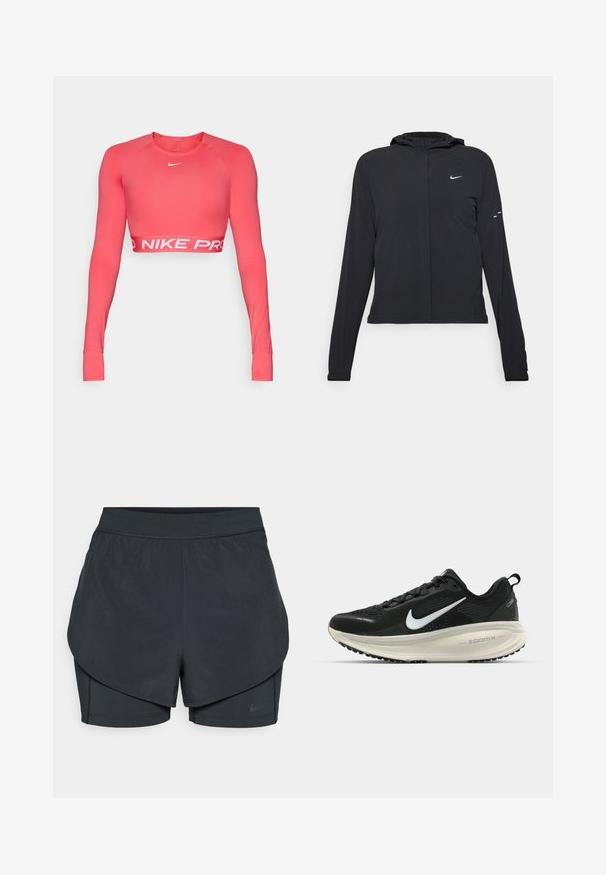 Fekete kapucnis dzseki hosszú ujjakkal, könnyű anyagból készült. Elülső cipzárral, Nike logóval és diszkrét dizájn elemekkel rendelkezik.; Nike Pro hosszúujjú crop top élénk korall színben, rugalmas anyagból készült. Kerek nyakkivágással és fehér "NIKE PRO" márkajelzés található az alján.; Fekete sportnadrág réteges kialakítással, sima külső résszel és illeszkedő belső nadrággal. Könnyű, rugalmas anyagból készült.; Fekete Nike futócipő légáteresztő hálós felsőrésszel, fehér Swoosh logóval, textúrázott részletekkel és krém színű ZoomX középtalppal.
