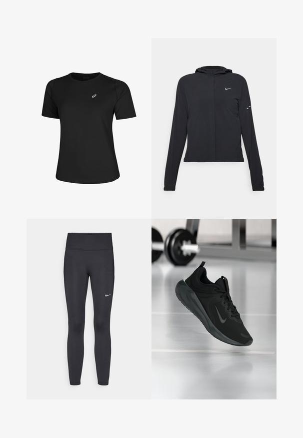 Czarna kurtka z kapturem, z długimi rękawami, wykonana z lekkiego materiału. Posiada zamek błyskawiczny z przodu, logo Nike oraz subtelne akcenty wzornicze.; Czarna koszulka sportowa z gładkiego materiału, z okrągłym dekoltem i krótkimi rękawami. Zawiera odblaskowe logo z przodu po lewej stronie.; Czarne legginsy z elastycznego materiału, z wysokim pasem i białym logo Nike na lewym udzie. Gładka tekstura, dopasowany krój.; Czarny sportowy sneaker z logo Nike, pokazany w powietrzu na podłodze siłowni, z rozmytym regałem z hantlami w tle.