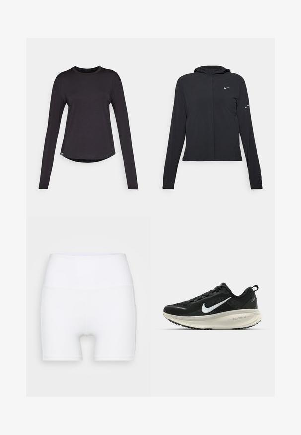 Black hooded jacket with long sleeves, made from lightweight material. Features a front zipper, a Nike logo, and subtle design accents.; HOKA ESSENTIAL TEE - Long sleeved top - black; White high-waisted shorts made from stretch fabric. Features a smooth texture and fitted design, with no additional patterns or hardware.; Black Nike running shoe with breathable mesh upper, white swoosh logo, textured detailing, and a cream-colored ZoomX midsole.