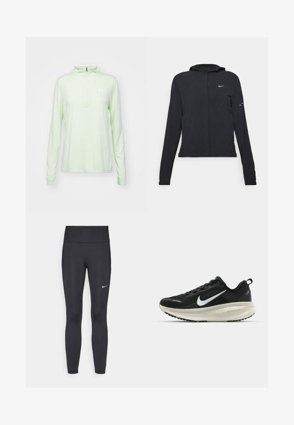 Casaco preto com capuz e mangas longas, feito de material leve. Apresenta um fecho dourado na frente, um logótipo da Nike e detalhes de design subtis.; Pullover de manga longa verde claro com colarinho alto e fecho de meio zíper. Apresenta um pequeno logótipo branco no peito. Tecido suave e liso.; Leggings pretos feitos de tecido elástico, com uma cintura alta e um logo branco da Nike na coxa esquerda. Textura suave, design ajustado ao corpo.; Sapatilha de corrida Nike preta com parte superior de malha respirável, logotipo Swoosh branco, detalhes texturizados e uma entressola ZoomX na cor creme.