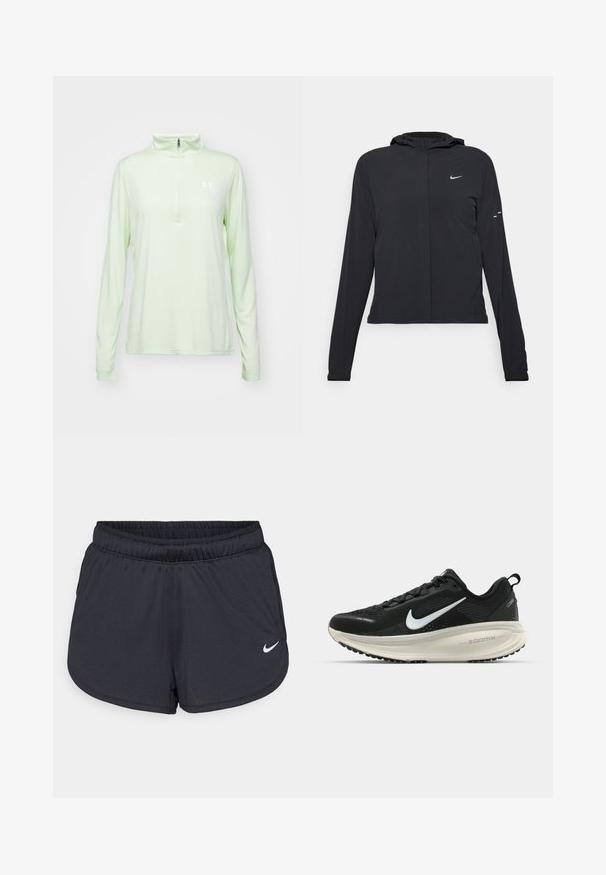 Must musta kapuutsiga jakk, millel on pikad varrukad ja mis on valmistatud kergetest materjalidest. Omab esitaskut, Nike logo ja kergelt silmatorkavaid disainiaktsente.; Heled roheline pika varrukaga pullover, kõrge kraega ja poole tõmblukuga. Rinnal on väike valge logo. Pehme ja sile kangast tekstuur.; Mustad mustikud mustad lühikesed püksid, mis on valmistatud kerge ja hingava kangaga. Omab elastset vööd ja valget Nike logo alumises paremas nurgas.; Musthave mustus Nike jooksujalats, millel on hingav võrgust ülemine osa, valge swoosh logo, tekstuuriga detailid ja kreemja värvusega ZoomX vahevöö.