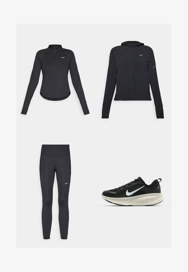 Svart huva jacka med långa ärmar, gjord av lätt material. Har en framdragare, en Nike-logotyp och subtila designelement.; Svart långärmad träningsblus med en fyrdelad dragkedja, som har ett stretchigt material, rund nederkant och en liten vit Nike-logga på bröstet.; Svarta leggings i elastiskt material, med hög midja och en vit Nike-logga på vänster lår. Slät textur, figurnära design.; Svart Nike löparsko med andningsbart mesh-ovandel, vit swoosh-logotyp, texturerad detaljering och en krämfärgad ZoomX-mellansula.