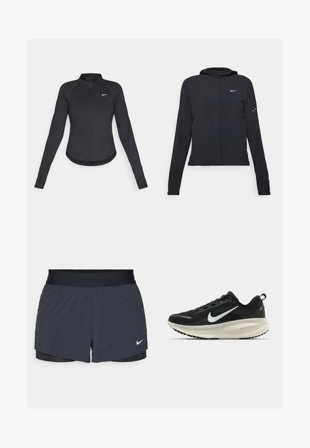 Zwarte kaptrui met lange mouwen, gemaakt van lichtgewicht materiaal. Voorzien van een ritssluiting aan de voorkant, een Nike-logo en subtiele ontwerpelementen.; Zwarte sporttop met lange mouwen en een kwart-rits kraag, voorzien van rekbare stof, een ronde zoom en een klein wit Nike-logo op de borst.; Zwarte sportshorts met een elastische tailleband, met een gelaagd ontwerp en een klein wit Nike-logo aan de onderkant links. Lichtgewicht materiaal.; Zwarte Nike hardloopschoen met ademend mesh bovenwerk, witte swoosh-logo, gestructureerde details en een crèmekleurige ZoomX middenzool.