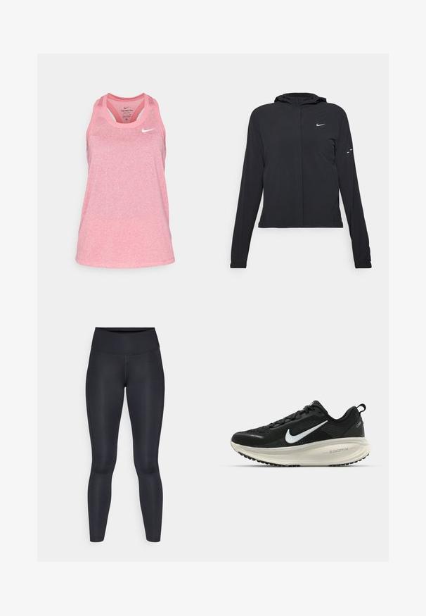 Črna kapuča s dolgimi rokavi, izdelana iz lahkega materiala. Ima sprednji zadrgo, logotip Nike in subtilne oblikovne detajle.; Nike Performance TANK - Top - aster pink/pure/heather; Črne legice narejene iz gladkega, elastičnega materiala. Visok pas brez vidnih vzorcev ali dodatkov. Tesno se prilegajo od pasu do gležnjev.; Črne Nike tekaške čevlje z zračno mrežno zgornjim delom, belim logotipom Swoosh, teksturiranimi detajli in smetanasto barvnim srednjim delom ZoomX.
