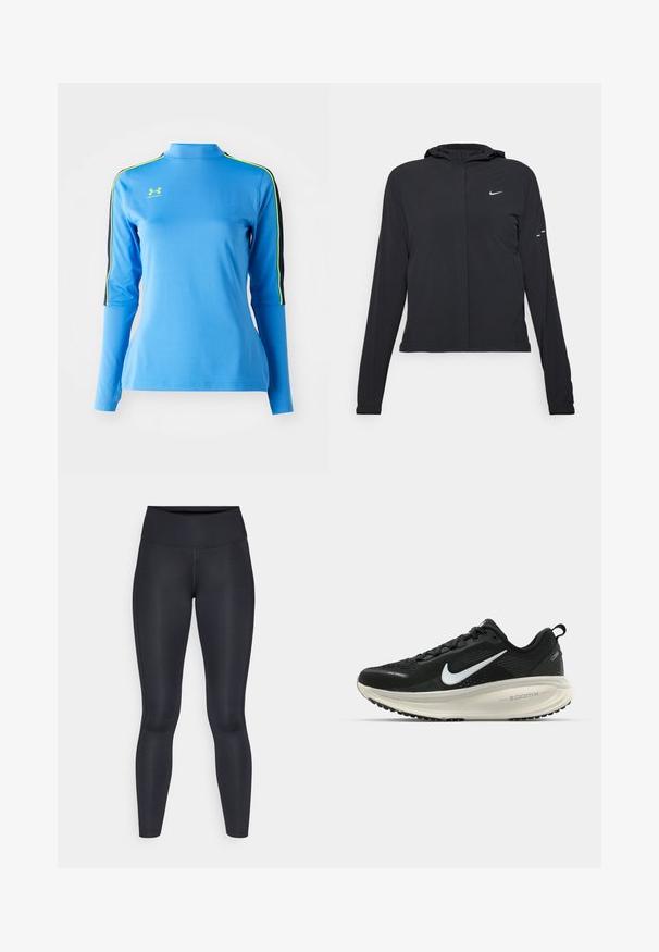 Fekete kapucnis dzseki hosszú ujjakkal, könnyű anyagból készült. Elülső cipzárral, Nike logóval és diszkrét dizájn elemekkel rendelkezik.; Világos kék, hosszú ujjú sportfelső magas nyakkal. Fekete és neonzöld csíkokkal rendelkezik a vállakon. Sima, rugalmas anyag.; Fekete leggings sima, rugalmas anyagból. Magas derék, látható minták vagy díszítések nélkül. Szorosan illeszkedik a derektól a bokáig.; Fekete Nike futócipő légáteresztő hálós felsőrésszel, fehér Swoosh logóval, textúrázott részletekkel és krém színű ZoomX középtalppal.