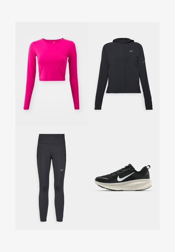 Black hooded jacket with long sleeves, made from lightweight material. Features a front zipper, a Nike logo, and subtle design accents.; Long-sleeve cropped top in bright pink, made from smooth, stretchy fabric. Features a round neckline and subtle logo detail on one sleeve.; Black leggings made of stretchy fabric, featuring a high waistband and a white Nike logo on the left thigh. Smooth texture, form-fitting design.; Black Nike running shoe with breathable mesh upper, white swoosh logo, textured detailing, and a cream-colored ZoomX midsole.