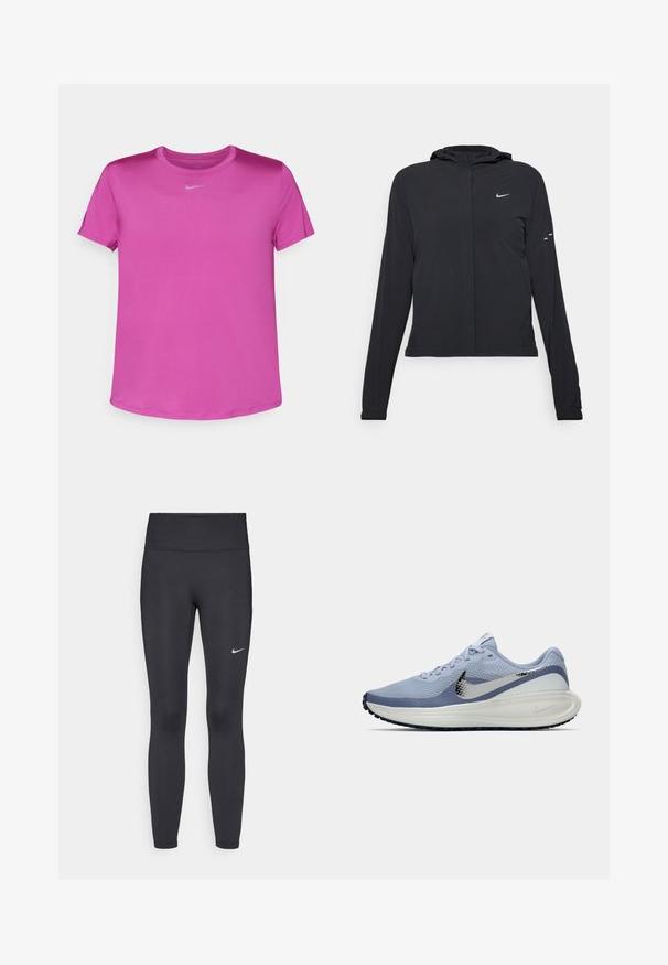 Mustassa hupparissa on pitkät hihat, ja se on valmistettu kevyestä materiaalista. Siinä on edessä vetoketju, Nike-logo ja hillityt muotoiluyksityiskohdat.; Nike Performance ONE CLASSIC TOP - Tekninen t-paita - hot fuchsia/black; Mustat leggingsit joustavasta kankaasta, joissa on korkea vyötärö ja valkoinen Nike-logo vasemmassa reidessä. Sileä pinta, muotoaan myötäilevä suunnittelu.; Vaaleansininen ja valkoinen Nike-juoksukengä, jossa on hopea swoosh, hengittävä verkko-osa, pehmustettu pohja ja musta ulkopohjan kuvio.