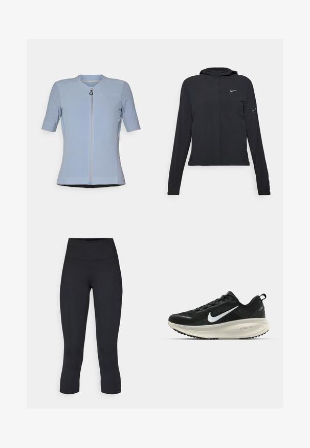 Schwarze Kapuzenjacke mit langen Ärmeln, aus leichtem Material gefertigt. Sie hat einen vorderen Reißverschluss, ein Nike-Logo und dezente Designelemente.; Himmelblaues kurzärmeliges zipbares Oberteil mit strukturiertem Muster, Rundhalsausschnitt und kleiner Brusttasche. Glatte Stoffqualität mit figurbetontem Schnitt.; Schwarze, cropped Leggings aus dehnbarem Material, mit einem hohen Bund und glatter Textur, ohne sichtbare Muster oder Hardware.; Schwarzer Nike-Laufschuh mit atmungsaktivem Mesh-Obermaterial, weißem Swoosh-Logo, strukturierten Details und einer cremefarbenen ZoomX-Zwischensohle.
