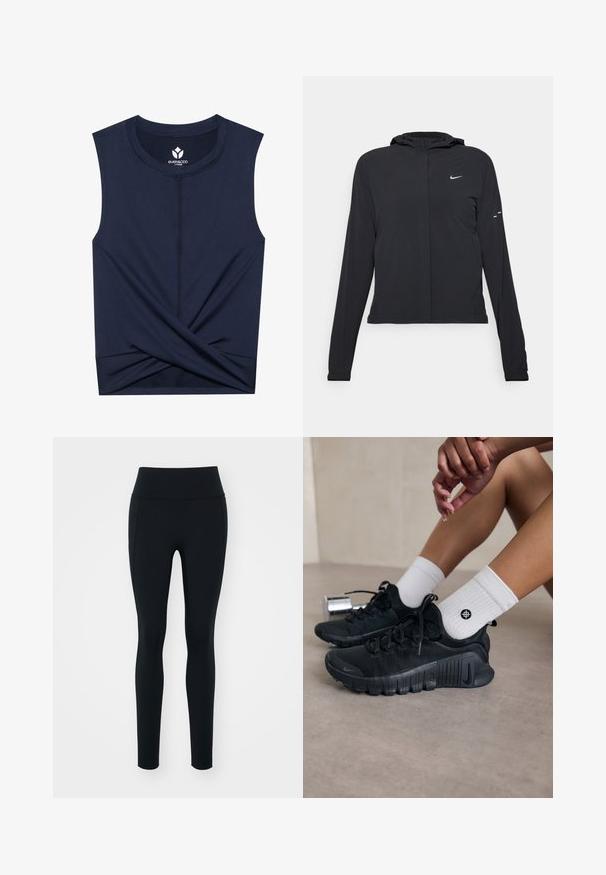 Sort hættetrøje med lange ærmer, lavet af letvægtsmateriale. Har en frontlynlås, et Nike-logo og subtile designaccenter.; Marineblå ærmeløs top lavet af glat stof, med en snoet detalje i kanten og kontrastsyet langs sømmene.; Sorte leggings lavet af strækbart materiale med en høj talje. Glat tekstur, tætsiddende design og ingen synlige dekorationer eller mønstre.; Sorte træningssko med struktureret stof, snørebåndsdesign og en markant sål, parret med hvide ribbede sokker med et lille logo.