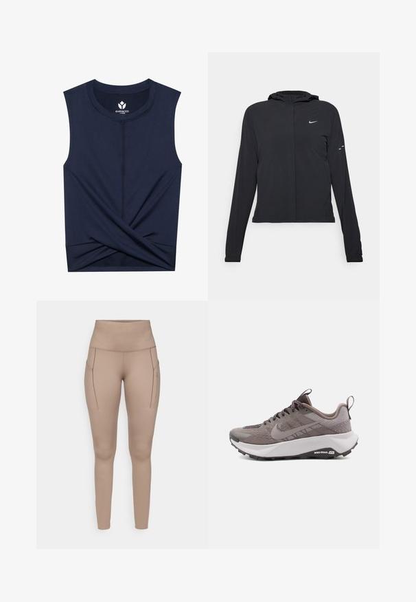 Must musta kapuutsiga jakk, millel on pikad varrukad ja mis on valmistatud kergetest materjalidest. Omab esitaskut, Nike logo ja kergelt silmatorkavaid disainiaktsente.; Tumed vabade varrukatega särk, mis on valmistatud sileda kangaga, millel on keerduv detail hemil ja kontrastne õmblusservades.; Beige sportlikud legginsid kõrge vöökohaga, millel on kaks külgtaskut ja sile, veniv kangas. Diskreetne hall logo detail.; Hallide Nike jalgsuusad halli värvusega, tekstuurse pealmise osaga, tugevdatud varbaosaga, pehmendava vahekihiga ja musta kummist välispõhjaga. Paelad ja tõmbeaas on lisatud.