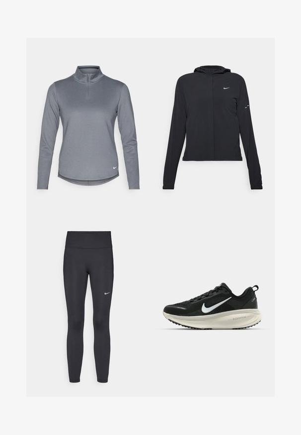 Svart huva jacka med långa ärmar, gjord av lätt material. Har en framdragare, en Nike-logotyp och subtila designelement.; Grå långärmad polotröja med kvartdragkedja, mjuk textur och en liten vit logotyp längst ner till vänster. Har sidofickor.; Svarta leggings i elastiskt material, med hög midja och en vit Nike-logga på vänster lår. Slät textur, figurnära design.; Svart Nike löparsko med andningsbart mesh-ovandel, vit swoosh-logotyp, texturerad detaljering och en krämfärgad ZoomX-mellansula.