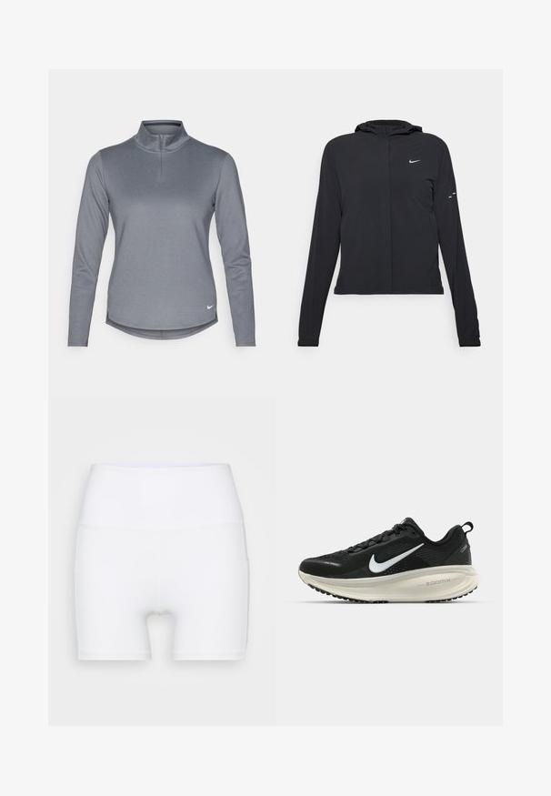Black hooded jacket with long sleeves, made from lightweight material. Features a front zipper, a Nike logo, and subtle design accents.; Gray long-sleeve pullover with a quarter-zip collar, smooth texture, and a small white logo at the bottom left. Features side slits.; White high-waisted shorts made from stretch fabric. Features a smooth texture and fitted design, with no additional patterns or hardware.; Black Nike running shoe with breathable mesh upper, white swoosh logo, textured detailing, and a cream-colored ZoomX midsole.