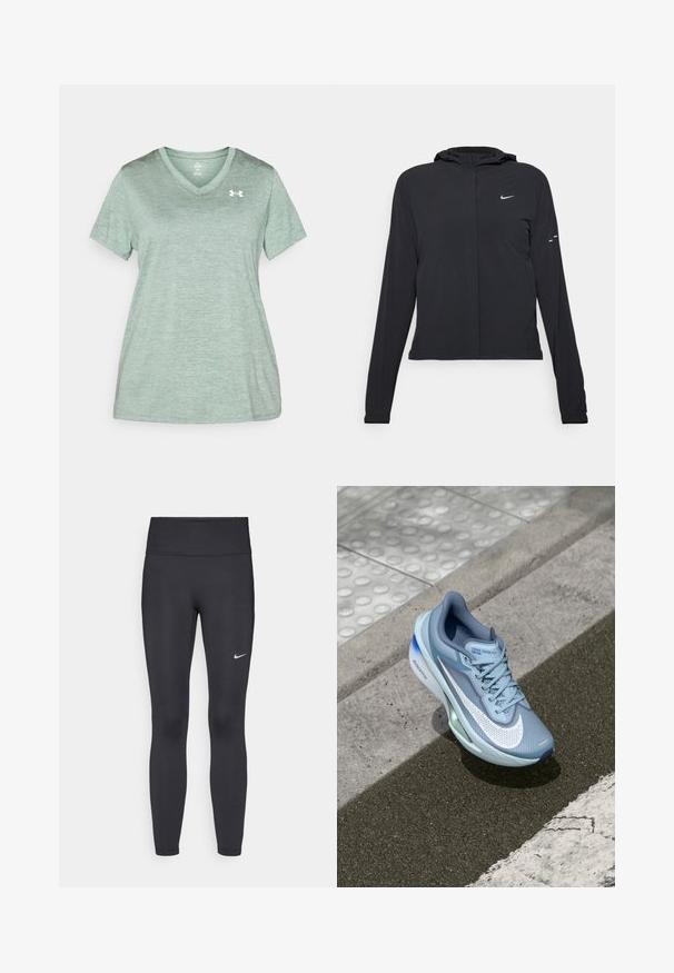 Svart hettegenser med lange ermer, laget av lett materiale. Har glidelås foran, Nike-logo og subtile design detaljer.; Grønn kortermet idretts T-skjorte med V-hals, laget av et teksturert, fukttransporterende stoff, med en liten hvit logo på brystet.; Sorte leggings laget av elastisk stoff, med høy livlinje og en hvit Nike-logo på venstre lår. Glatt tekstur, kroppsnær passform.; Lyseblå Nike Zoom Fly løpesko med pustende mesh-overdel, karakteristisk hvit Swoosh og grønne detaljer på yttersålen.