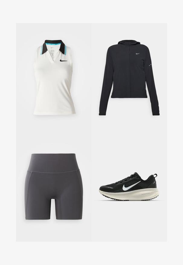 Juodas gobtuvas striukė su ilgomis rankovėmis, pagaminta iš lengvo audinio. Pasižymi priekiniais užtrauktukais, Nike logotipu ir subtiliais dizaino akcentais.; Balta be rankovių polo marškinėliai su juodu apykakle, turinčia turquoise akcentų. Marškiniai turi V formos iškirpimą ir mažą juodą Nike logotipą ant krūtinės.; Pilki sportiniai šortai su aukštu juosmeniu, pagaminti iš lygaus, tamprumo audinio. Turi plokščias siūles ir prigludusį dizainą.; Juodas Nike sportinis batelis su kvėpuojančiu tinklu, baltu swoosh logotipu, tekstūruoto dizaino detalėmis ir grietinėlės spalvos ZoomX viduriu.