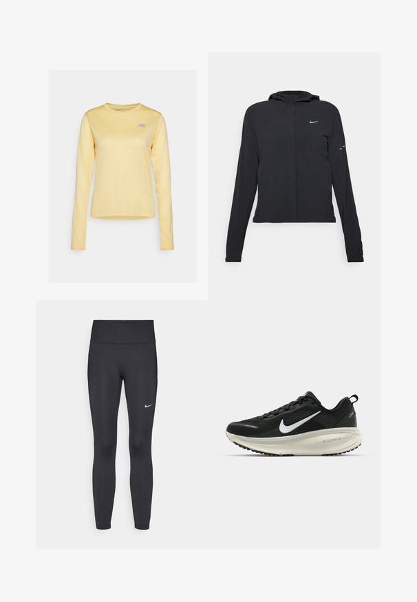 Svart huva jacka med långa ärmar, gjord av lätt material. Har en framdragare, en Nike-logotyp och subtila designelement.; Långärmad, lätt gul idrottströja med ett strukturerat mönster och en liten, silverfärgad logotyp på övre vänstra bröstet.; Svarta leggings i elastiskt material, med hög midja och en vit Nike-logga på vänster lår. Slät textur, figurnära design.; Svart Nike löparsko med andningsbart mesh-ovandel, vit swoosh-logotyp, texturerad detaljering och en krämfärgad ZoomX-mellansula.