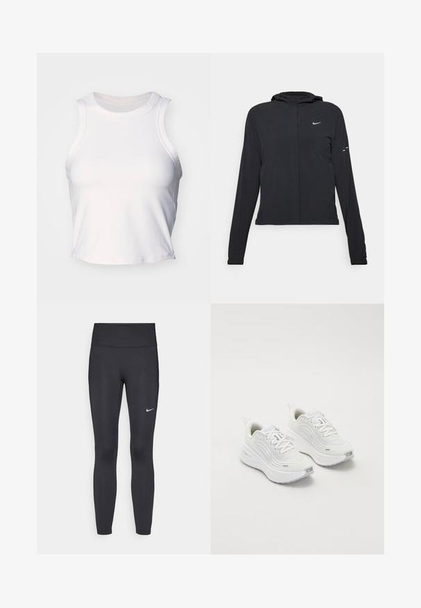 Sort hættetrøje med lange ærmer, lavet af letvægtsmateriale. Har en frontlynlås, et Nike-logo og subtile designaccenter.; Hvid ærmeløs crop top lavet af glat, strækbart stof. Har en rund halsudskæring og subtile syninger langs kanterne.; Sorte leggings lavet af strækbart stof, med en høj talje og et hvidt Nike-logo på venstre lår. Glat tekstur, tætsiddende design.; Hvide sportssko med en struktureret mesh-overdel, polstret sål og subtile grå accenter. Inkluderer branding og en løkke i hælen for nem påtagning.