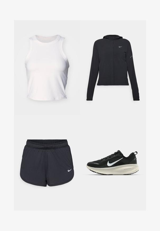 Giacca nera con cappuccio e maniche lunghe, realizzata in materiale leggero. Presenta una zip frontale, il logo Nike e accenti di design sottili.; Top corto bianco senza maniche realizzato in un tessuto liscio e elasticizzato. Presenta un collo rotondo e sottili dettagli di cucitura lungo i bordi.; Pantaloncini sportivi neri con cintura elastica, caratterizzati da un design sportivo e un logo Nike bianco sulla parte anteriore inferiore. Tessuto strutturato.; Scarpa da corsa nera Nike con tomaia in rete traspirante, logo Swoosh bianco, dettagli testurizzati e intersuola ZoomX di colore crema.