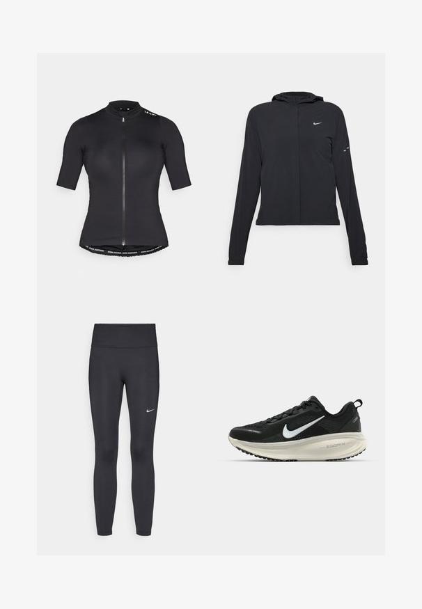 Mustassa hupparissa on pitkät hihat, ja se on valmistettu kevyestä materiaalista. Siinä on edessä vetoketju, Nike-logo ja hillityt muotoiluyksityiskohdat.; Lyhythihainen pyöräilypaita mustana, jossa on etuvetoketju, korkea kaulus ja brändätty nauha alareunassa. Sileä, kevyt kangas.; Mustat leggingsit joustavasta kankaasta, joissa on korkea vyötärö ja valkoinen Nike-logo vasemmassa reidessä. Sileä pinta, muotoaan myötäilevä suunnittelu.; Mustat Nike-juoksukengät, joissa on hengittävä verkko-osa, valkoinen swoosh-logo, teksturoitu yksityiskohtaus ja kermaisen värinen ZoomX-välipohja.