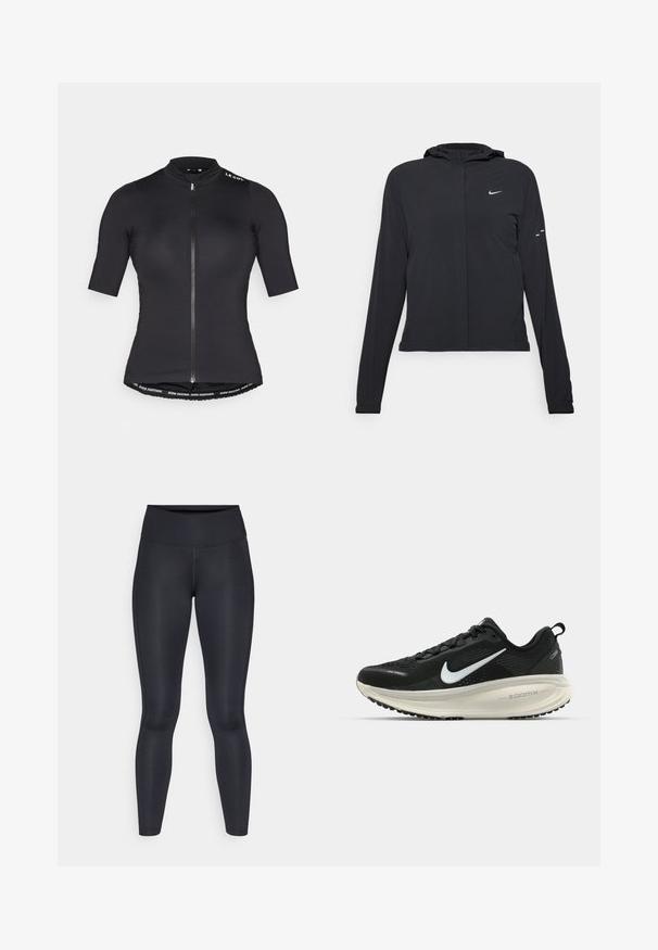 Čierna kapucňová bunda s dlhou rukávou, vyrobená z ľahkého materiálu. Má predný zips, logo Nike a jemné dizajnové akcenty.; Cyklistický dres s krátkym rukávom v čiernej farbe, s predným zipsom, vysokým golierom a značeným pásom pozdĺž spodného lemu. Hladká, ľahká látka.; Čierne legíny vyrobené z hladkej, elastickej tkaniny. Vysoký pás bez viditeľných vzorov alebo akcentov. Úzke od pásu po členky.; Čierne bežecké topánky Nike s priedušnou sieťovinou, bielym logom s symbolom swoosh, textúrovanými detailmi a krémovou ZoomX medzipodrážkou.