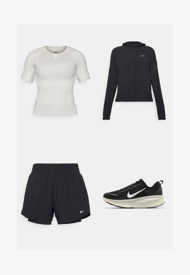 Svart hettegenser med lange ermer, laget av lett materiale. Har glidelås foran, Nike-logo og subtile design detaljer.; Kortermet treningstrøye i lys beige mesh-stoff med rund hals og detalj på framsiden. Stretchy, tettsittende design for komfort.; Svarte idrettsshorts med samlet elastisk midje, indre fôr og hvit Nike-logo nederst til venstre. Jevnt, lett stoff.; Svart Nike løpesko med pustende mesh-overdel, hvit swoosh-logo, teksturert detaljer og en kremfarget ZoomX mellomsåle.
