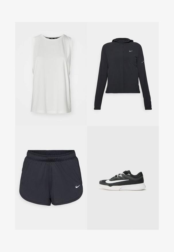 Must musta kapuutsiga jakk, millel on pikad varrukad ja mis on valmistatud kergetest materjalidest. Omab esitaskut, Nike logo ja kergelt silmatorkavaid disainiaktsente.; Valge ilma varrukateta topp, mis on valmistatud siledast kangast, ümmarguse kaelusega, lõdva lõikega ja puhta servaga. Nähtavad mustrid või kaunistused puuduvad.; Mustad mustikud mustad lühikesed püksid, mis on valmistatud kerge ja hingava kangaga. Omab elastset vööd ja valget Nike logo alumises paremas nurgas.; Musta spordijalats valge logoga, tekstuuriga kangast ülaosa, nööbid, pehmendusega kaelus ja kontrastne valge tallaga, millel on mustrit leiduvad haardepinnad.