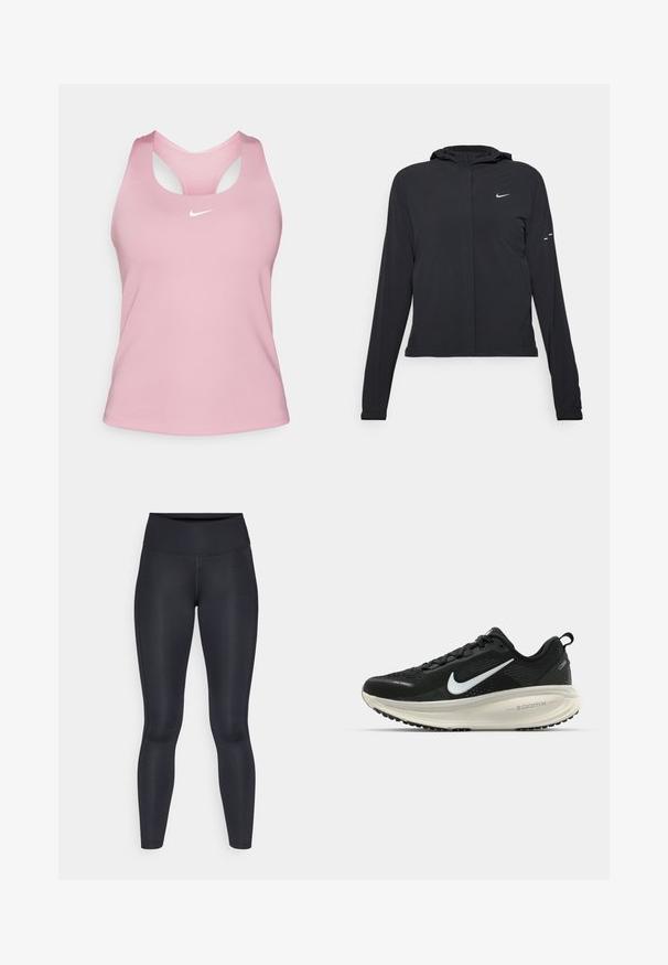 Svart hettegenser med lange ermer, laget av lett materiale. Har glidelås foran, Nike-logo og subtile design detaljer.; Rosa idrettstopp med rund hals og racerback-design. Laget av glatt stoff, har en liten hvit Nike-logo på brystet.; Sorte leggings laget av glatt, elastisk materiale. Høy midje uten synlige mønstre eller detaljer. Sitter tett fra midjen til anklene.; Svart Nike løpesko med pustende mesh-overdel, hvit swoosh-logo, teksturert detaljer og en kremfarget ZoomX mellomsåle.