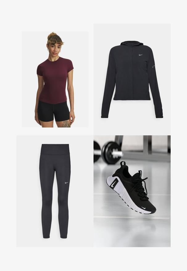 Chaqueta negra con capucha y mangas largas, hecha de un material ligero. Presenta un cierre frontal, un logo de Nike y acentos de diseño sutiles.; Top ajustado de manga corta burdeos hecho de material elástico, con cuello redondo y textura suave, combinado con pantalones cortos negros.; Leggings negras de tela elástica, con una cintura alta y un logo blanco de Nike en el muslo izquierdo. Textura suave, diseño ajustado.; Zapatilla deportiva negra con parte superior de tela texturizada, suela blanca y sistema de cordones prominente. Presenta un logo de Nike y un diseño suave y acolchado.