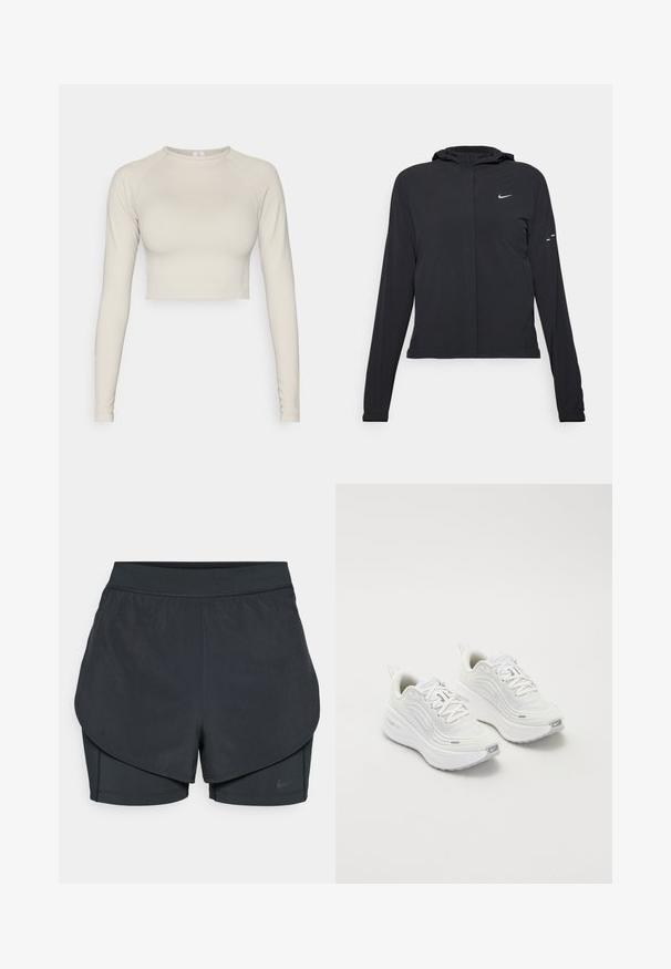 Juodas gobtuvas striukė su ilgomis rankovėmis, pagaminta iš lengvo audinio. Pasižymi priekiniais užtrauktukais, Nike logotipu ir subtiliais dizaino akcentais.; Šviesiai smėlinis, ilgos rankovės trumpas viršus, pagamintas iš tamprios medžiagos. Turi apvalų iškirpimą ir banguotus rankogalius. Švelni tekstūra.; Juodi sportiniai šortai su sluoksniuota konstrukcija, turintys sklandų išorinį sluoksnį ir prigludusius vidinius šortus. Pagaminti iš lengvos, tamprios medžiagos.; Baltieji sportiniai batai su tekstūruota tinklelio viršutine dalimi, paminkštintu padu ir subtiliais pilkais akcentais. Yra prekės ženklas ir kilpa kulne, skirta lengvam užsidėjimui.