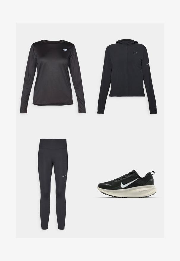 Fekete kapucnis dzseki hosszú ujjakkal, könnyű anyagból készült. Elülső cipzárral, Nike logóval és diszkrét dizájn elemekkel rendelkezik.; Hosszú ujjú, fekete sportpóló, sima, könnyű anyagból készült, finom textúrával rendelkezik, és egy kis logó található a mellkasán.; Fekete leggings elasztikus anyagból, magas derékkal és fehér Nike logóval a bal combon. Simább textúra, testhez álló kialakítás.; Fekete Nike futócipő légáteresztő hálós felsőrésszel, fehér Swoosh logóval, textúrázott részletekkel és krém színű ZoomX középtalppal.